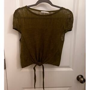 Alice + Olivia Green Linen Cotton Knit Tie Front Sheer Top Boho Chic Dainty